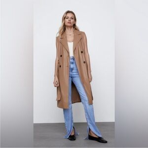 Zara Sleeveless Tan Faux-Leather Trench Vest - Size xs